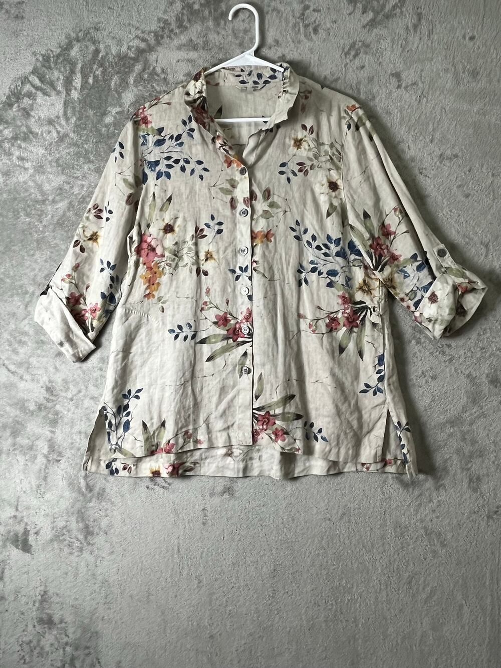 John Mark 100% Linen Floral Button Front Tunic Blouse Top Size Medium Artsy